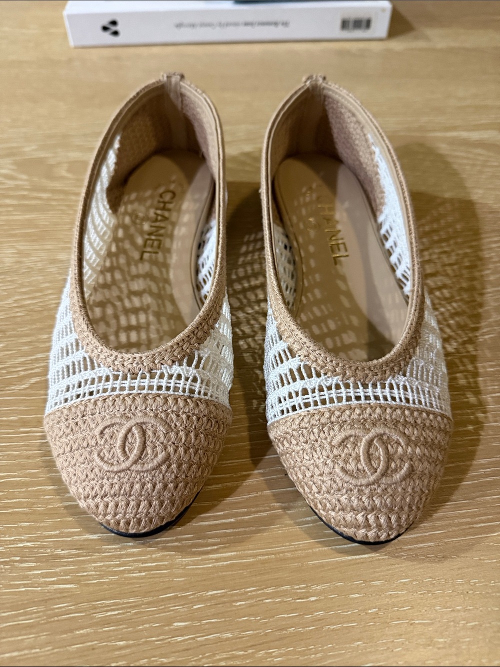 CHANEL Beige and White Crochet CC Logo Ballet Flats (Authentic)